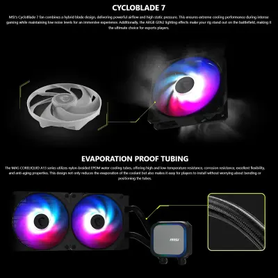 MSI MAG CORELIQUID A13 360 White 360mm AIO Liquid CPU Cooler with Triple 120mm ARGB Gen2 Fans, PWM Control, Copper Cold Plate, EPDM Tubing, 3800RPM Pump and Intel LGA1851/LGA1700 AMD AM5/AM4 Support
