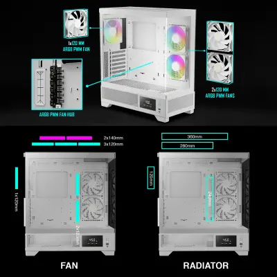 GAMDIAS Mid-Tower ATX Gaming PC Case with Seamless Tempered Glass, Built-In CPU/GPU Temperature Monitor