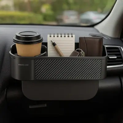 Green Lion Car Seat Gap Organizer with Cup Holder, Extra Storage Tray, Anti-Slip Silicone, Tool-Free Installation, Universal Car Interior Storage Box for Daily Essentials - Black