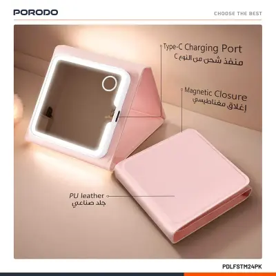 Porodo Lily LED Portable Tri-Fold Makeup Mirror Dimmable Travel Vanity Mirror