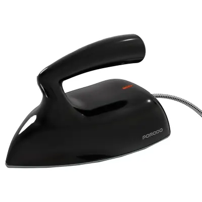 Porodo Ironix Portable Mini Clothes Iron with Bakelite Handle, Aluminum Soleplate, Universal 100–240V Voltage, Indicator Light and Dry Iron Function – Black