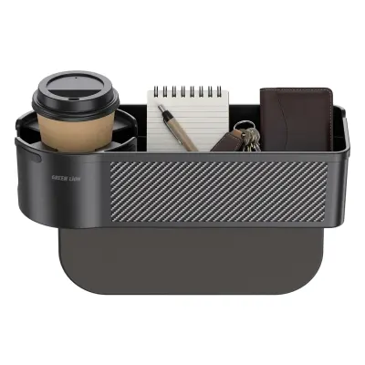 Green Lion Car Seat Gap Organizer with Cup Holder, Extra Storage Tray, Anti-Slip Silicone, Tool-Free Installation, Universal Car Interior Storage Box for Daily Essentials - Black