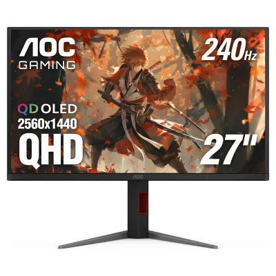 AOC 27-Inch QD-OLED QHD Gaming Monitor 2560 X 1440 with 240Hz Refresh Rate, 0.03ms GtG Response, G-SYNC Compatible, Adaptive Sync, DisplayHDR True Black 400, HDMI 2.0, DisplayPort 1.4, USB Hub & Fully Adjustable Stand