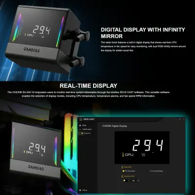 GAMDIAS CHIONE E4-240 V2 240mm AIO Liquid CPU Cooler with Dual 120mm ARGB PWM Hydraulic Fans, Digital Display with Dual Infinity Mirror