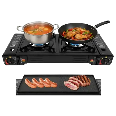 KRAWN Portable 2-in-1 Double Burner Gas Stove and BBQ Grill with Adjustable Flame Control, Piezo Ignition, Metal Cooking Surface and Protective Carrying Case