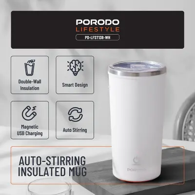 Porodo Rechargeable Auto-Stirring Insulated Mug with Magnetic USB Charging, 304 Stainless Steel Double-Wall Construction, 120-Second Auto-Stop Mixing, IPX6 Water Resistance, BPA-Free Materials and Anti-Spill Base