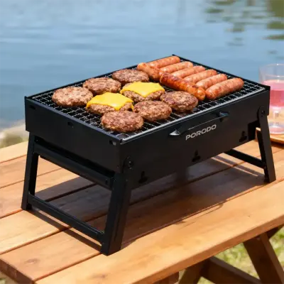 Porodo Portable Folding Mini Charcoal BBQ Grill Outdoor Camping Barbecue Cooker Steel Grating Spatula Fork Set Black