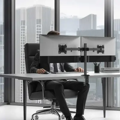 Skill Tech Dual Monitor Steel Articulating Desk Mount for 13–32 Inch Screens with 8kg Per Arm Capacity, VESA 75 X 75 / 100 X 100mm, Full Motion Tilt Swivel Rotation, Height Adjustment, Quick-Release Plates, Cable Management & Clamp/Grommet Installation