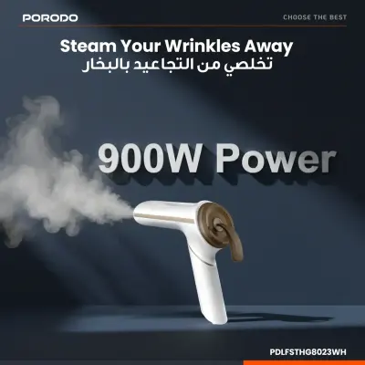 Porodo Thermia Mini Handheld Garment Steamer with 900W Power, 80mL Detachable Water Tank, 25-Second Fast Heat-Up, Vertical and Horizontal Steam, Foldable Travel Design and 1.9m Power Cord – White
