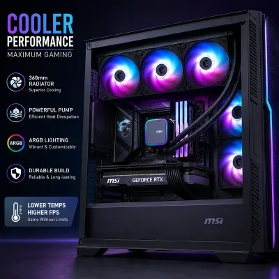MSI MAG CORELIQUID A13 360 White 360mm AIO Liquid CPU Cooler with Triple 120mm ARGB Gen2 Fans, PWM Control, Copper Cold Plate, EPDM Tubing, 3800RPM High Performance Pump and Intel LGA1851/1700 AMD AM5/AM4 Support