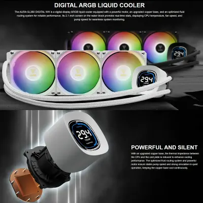 GAMDIAS AURA GL360 DIGITAL White 360mm AIO Liquid CPU Cooler with 2.1-Inch Real-Time Digital Display, Triple 120mm PWM ARGB Hydraulic Fans, Upgraded Copper Base, Optimized Fluid Running System, ZEUS CAST Monitoring Software and Intel LGA1851 AMD AM5 Support