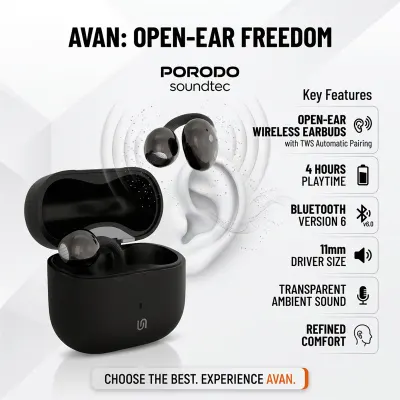 Porodo Avan Open-Ear True Wireless Bluetooth 6.0 Earbuds with 11mm Audio Drivers, TWS Automatic Pairing Black