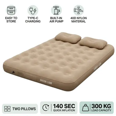 Green Lion GMT-200 Automatic Inflatable Double Air Mattress with Built-In 40W Electric Pump, 2600mAh Rechargeable Battery, 140-Second Fast Inflation, 300kg Load Capacity