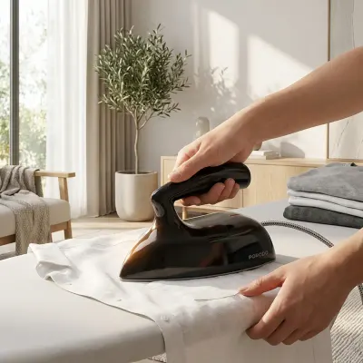 Porodo Ironix Portable Mini Clothes Iron with Bakelite Handle, Aluminum Soleplate, Universal 100–240V Voltage, Indicator Light and Dry Iron Function – Black