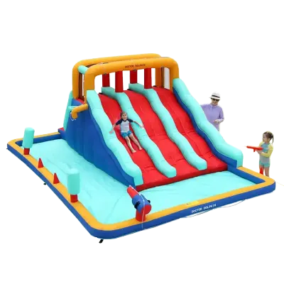 Generic FLOBO Inflatable Triple-Lane Water Slide with Large Splash Pool, Water Sprinkler, Climbing Area, Water Cannon and 450W Air Blower, Outdoor Kids Water Park