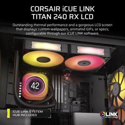 Corsair iCUE LINK TITAN 240 RX LCD 240mm AIO Liquid CPU Cooler with 2.1-Inch IPS LCD, Dual RX120 RGB Fans, FlowDrive Cooling Engine, iCUE LINK System Hub & Intel LGA 1851/1700, AMD AM5/AM4 Support - Black