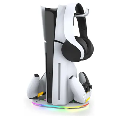 ipega Vertical Stand Charging Dock with RGB Lighting, Dual Controller Charger, Headset Stand and USB Expansion Hub for PS5 Pro / PS5 Slim Console