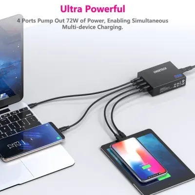 CHOETECH 72W 4-Port USB-C PD Wall Charger, CHOETECH PD72-1C3UUK-101BK
