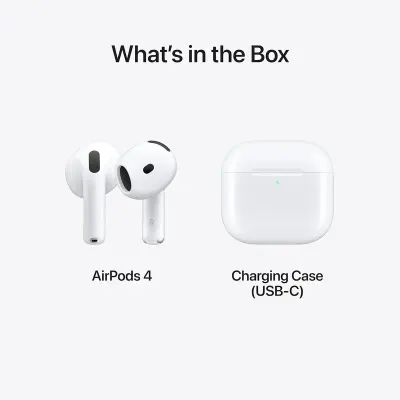 أبل سماعات AirPods 4 لاسلكية أصلية مع إلغاء الضوضاء النشط، شريحة H2، صوت مكاني، معادل صوت تكيفي، علبة شحن USB-C لاسلكية وبطارية حتى 30 ساعة