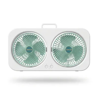 Generic Rechargeable Double-Head Circulating Table Fan with Independent 90° Adjustment, 3-Speed Airflow, Type-C Charging, Low-Noise Operation, Carry Handle and Mobile Phone Holder Green