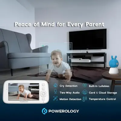 Powerology Baby Camera With 5” HD Monitor And 1080p Video. Ai Motion Tracking, Cry Alerts, Two-way Talk, Color Night Vision, Type-C Power, Sd Up To 256GB