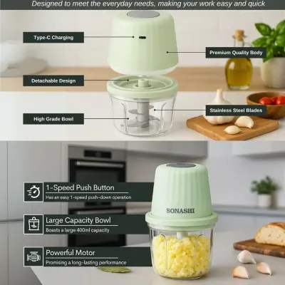 Sonashi Rechargeable Mini Electric Food Chopper with 400ml Capacity, 6-Layer Stainless Steel Blades, USB Type-C Charging