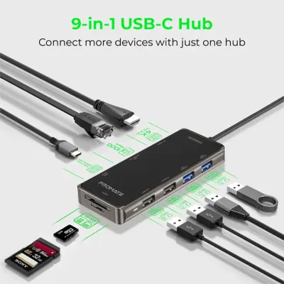 Promate Compact Multiport USB-C Hub With 100W Power Delivery, Promate Primehub-Go