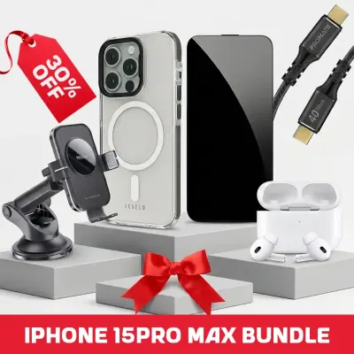 Combo iPhone 15 Pro Max MagSafe Transparent Case + Privacy Tempered Glass Screen Protector + Wireless Bluetooth 5.3 TWS Earbuds + 240W USB-C to USB-C Cable + 15W Wireless Charging Car Phone Holder