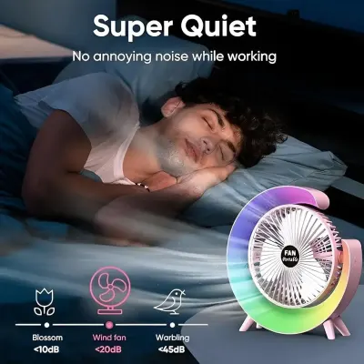 Generic USB Rechargeable Colorful Desktop Fan with 3-Speed Airflow, 5-Mode Ambient Lighting, Quiet Operation, Adjustable Stand and 1800mAh Battery Blue