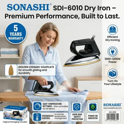 Sonashi Electric Dry Iron 1000–1200W with Golden Ceramic Soleplate, Adjustable Temperature Dial, Thermostat Control, Overheat Protection & Power Indicator