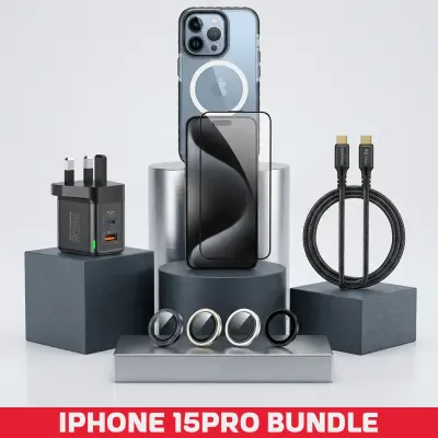 Combo iPhone 15 Pro MagSafe Transparent Case + iPhone 15 Pro Max Tempered Glass Screen Protector + iPhone 15 Pro/Pro Max Camera Lens Protector + 25W Dual-Port Wall Charger + 240W USB-C to USB-C Cable