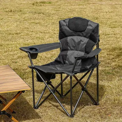 Generic Heavy Duty Folding Camping Chair with Padded Backrest & Cup Holder Grey