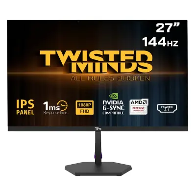 Twisted Minds 27-Inch Full HD IPS Gaming Monitor with 144Hz Refresh Rate, 1ms Response Time, AMD FreeSync, NVIDIA G-SYNC Compatibility, HDMI 2.1, DisplayPort 1.4, Built-In Speakers and Quick-Release Stand – TM27FHD144IPS