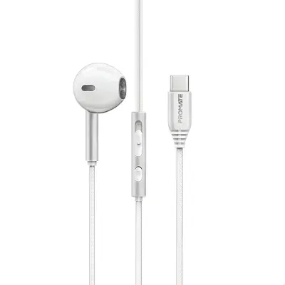 Promate Laxi-M Mono USB-C Earphones with ENC Microphone – 14mm Driver, High Fidelity Audio, and Noise Cancellation White