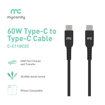 mycandy Type-C To Type-C Cable With 60W Fast Charging, Braided Design, And Durable Build. Ideal For Usb-c Phones, Tablets, And Laptops