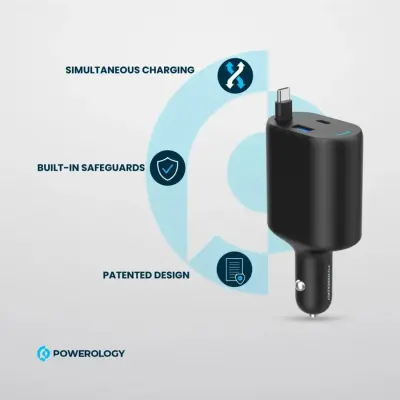 Powerology 115W Retractable Car Charger – 2x Type-C + USB-A, PD 65W Fast Charging, 1M Built-in Cable, Compact Car Power Adapter
