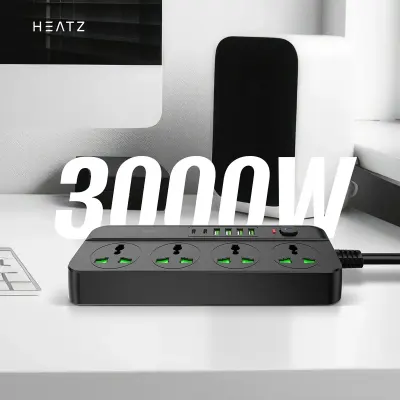 HeatZ 10-in-1 Power Socket with 4 Universal Outlets, 6 USB Ports & 2 Meter Cable - Black