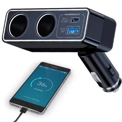 Powerology 54W Multi-Port Car Charger – PD 36W, QC 18W, Dual 120W Cigarette Lighter Sockets, USB-A & USB-C Fast Charging with LED Ambient Lights – Black