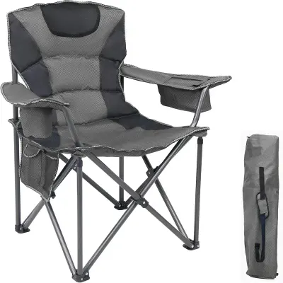 Generic Heavy Duty Folding Camping Chair with Padded Backrest & Cup Holder Grey