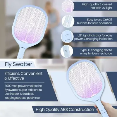 Sonashi Rechargeable Electric Mosquito Killer Swatter with 3000V Power, UV Light Attractant, Type-C Port, and Charging Base