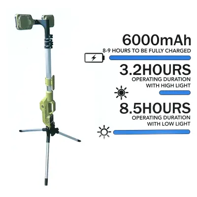 OMEGA Dual-Head Rechargeable LED Tripod Camping Light – 8000-Lumen Max, 6000mAh Battery, 75–150 cm Telescopic Stand, 3 Modes + Flashing, Carry Bag