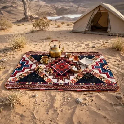Camping Family 40 X 60 cm Traditional Arabic Tea Set Carpet with Decorative Persian Style Geometric Pattern, Compact Portable Camping Rug for Arabic Coffee and Tea Serving Black & Red