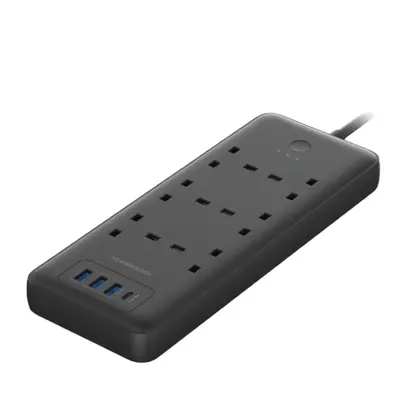 Powerology 48W Power Strip with 6 AC Sockets, PD 30W USB-C, 3 QC USB-A Ports, Surge Protection & UK Plug – Black