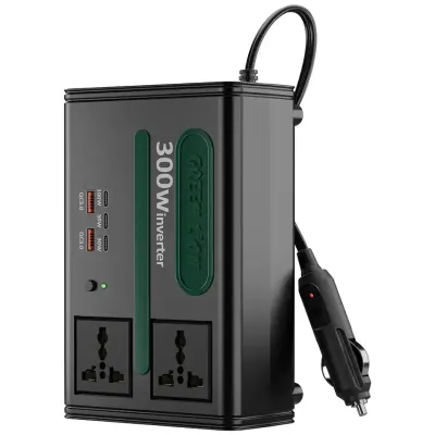 Green Lion Car Inverter 300W 7-In-1 Multi-Port DC to AC Power Inverter with PD 100W USB-C, Dual AC Sockets & Fast Charging – Black