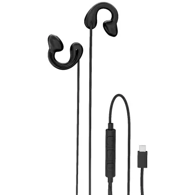 Porodo Voxen Clip-On Open-Ear USB-C Wired Earphones with 11mm Audio Drivers, Built-In Microphone, In-Line Volume and Playback Controls, Secure Sports Fit, 1.2m Braided Cable and Lightweight 17g Design Black