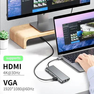 MpBlberri 11-in-1 Type-C to Multi-function Dock Station with 1 HDMI(Female), 1 VGA(Female), 1 RJ45, 1 USB 3.0, 3 USB 2.0, 1 Type-C(PD), 1 TF/SD and 1 3.5mm Jack, MpBlberri BLB-OT560 - Black & Grey