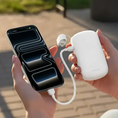 Levelo Montego 10000mAh PD 20W Fast Charging Power Bank with Built-In Grip Cable, LED Battery Display & Type-C Input/Output White