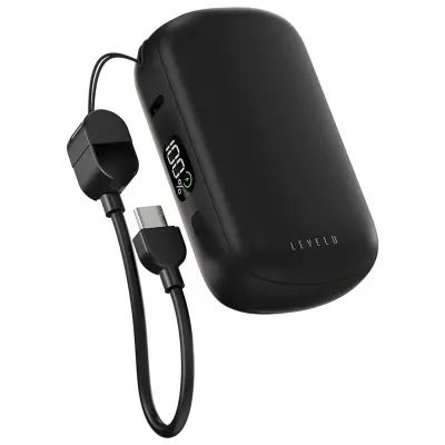 Levelo Montego 10000mAh PD 20W Fast Charging Power Bank with Built-In Grip Cable, LED Battery Display & Type-C Input/Output Black