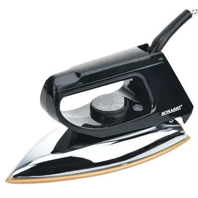 Sonashi Electric Dry Iron 1000–1200W with Golden Ceramic Soleplate, Adjustable Temperature Dial, Thermostat Control, Overheat Protection & Power Indicator