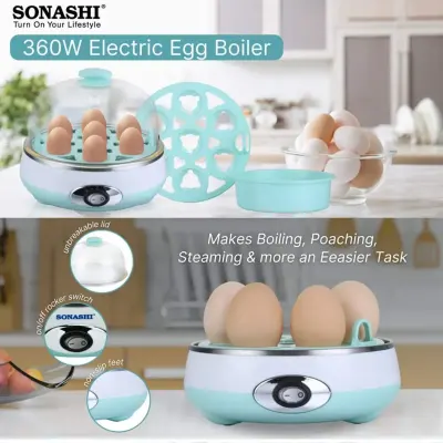 Sonashi Electric Egg Boiler and Steamer with 7-Egg Capacity, 360W Power, Stainless Steel Heating Plate, Automatic Shut-Off, Overheat Protection